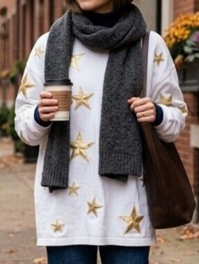 Vintage August Max Woman White Gold Star Applique Oversized Sweatshirt Size X